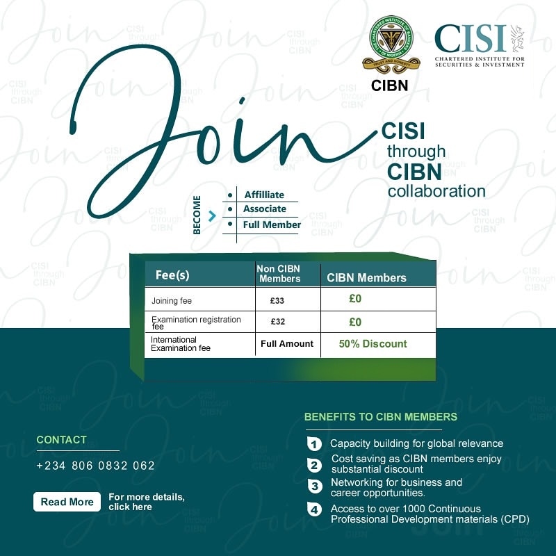 cibnigeria's tweet photo. Take advantage of the Institute's collaboration with @CISI for members @cibnigeria who are desirous of becoming members of @CISI.
Join @CISI through @cibnigeria collaboration now:
https://t.co/6Ui0WiZaif
#CIBNCISI
#CIBNCOLLABORATION https://t.co/1MS8F545gz
