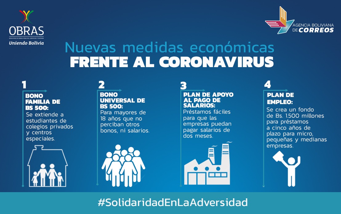 AGBCorreos's tweet photo. 📮 Conozcamos algunos beneficios que accederán los bolivianos para hacer frente al Coronavirus. 💪

#AGBC 📭
#SolidaridadEnLaAdversidad 🤝
#QuedateEnCasa 🏠
#BoliviaSegura 🇧🇴 https://t.co/7J6WW8v9Wx