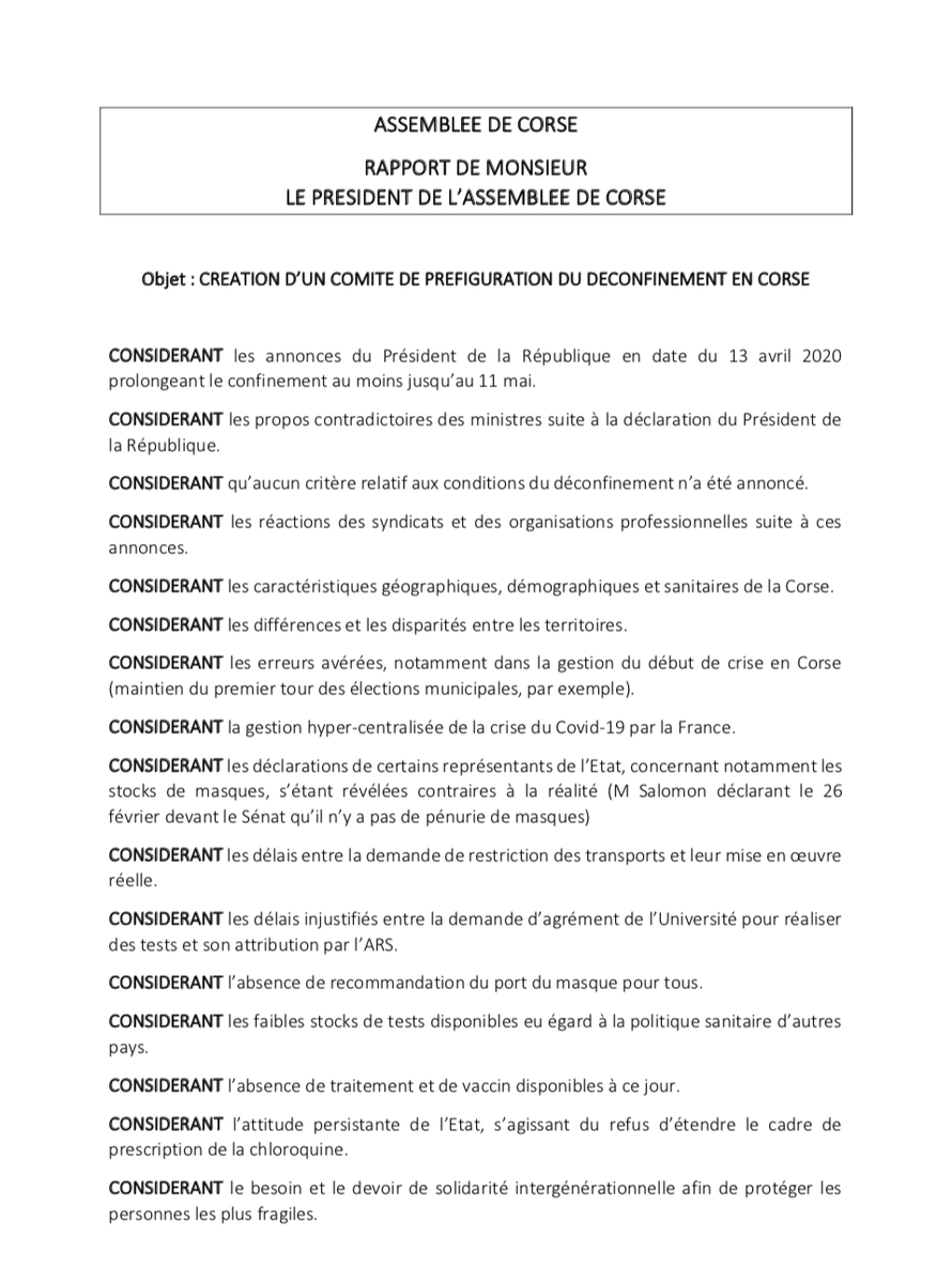 JeanGuyTalamoni's tweet photo. Suite à mon communiqué du 14 avril, voici le rapport relatif à la création d'un comité de préfiguration du déconfinement, qui sera soumis à la délibération de l'Assemblée de Corse lors de la séance du 24 avril prochain ⤵️ https://t.co/KKnqv6Jw2K