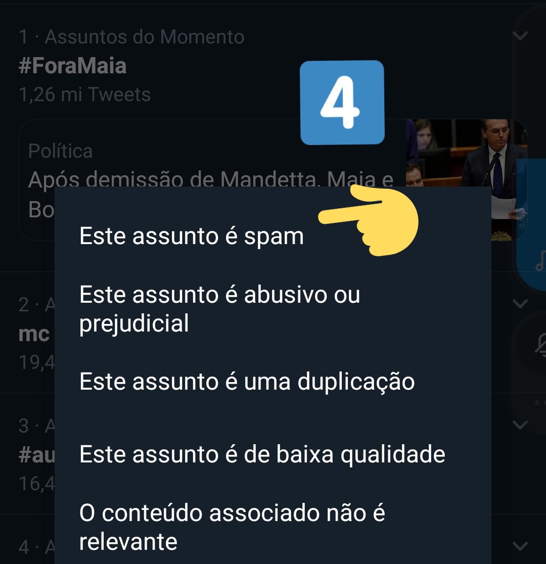 oggh's tweet image. No app são 4 cliques pra denunciar hashtag como spam: