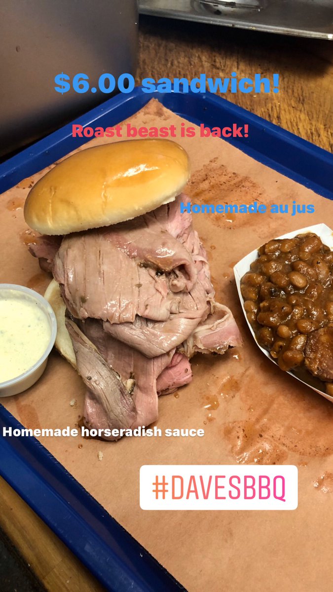 bbq_daves's tweet photo. Smoked roast beast is back! Come up to Dave's BBQ at 1781va beach blvd to check these $6 sandwiches out! https://t.co/rNnWHJnXna