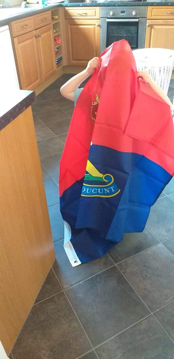 The youngest playing with his grandads Royal Artillery flag... He knows his grandad so well.. 🤣