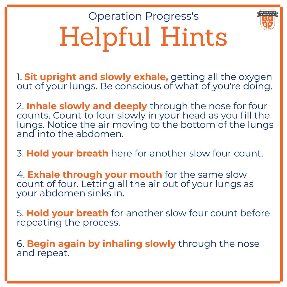 OPLosAngeles's tweet image. #HelpfulHint: Here’s a breathing 😌 exercise to help calm the nerves, lower anxiety, and reduce stress. Try this over the weekend with your family, and let us know how it goes! 🧡✨ #operationprogressla