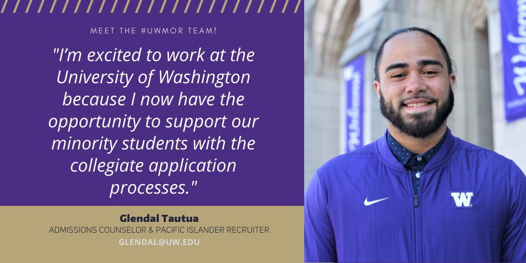 uwomadmor's tweet photo. Meet Glendal, Admissions Counselor - Why #UW? “I’ve worked in our urban/low-income communities to promote higher education &amp; college readiness. As a 1stGen student this is still my goal. #UDub gives me the platform to support &amp; represent our minority students.”#MeetTheTeam #UWMOR https://t.co/cKVeEE4bgr