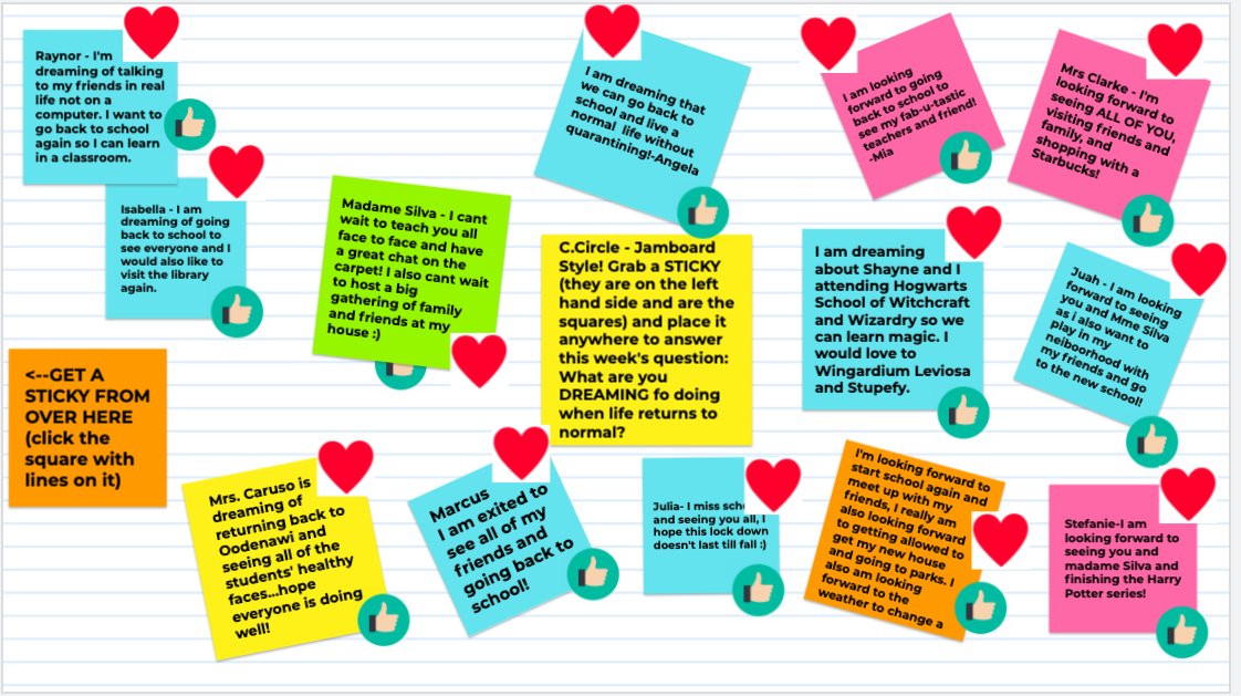 DDWClarke's tweet photo. Our Community Circle took place on Google Jamboard this week! Students posted a sticky note about what they were dreaming about 💭 It is SO wonderful that we still get to connect as a community and share our ideas ! Someone special in our community added ❤️s to our responses! https://t.co/AL0hx8LFYi