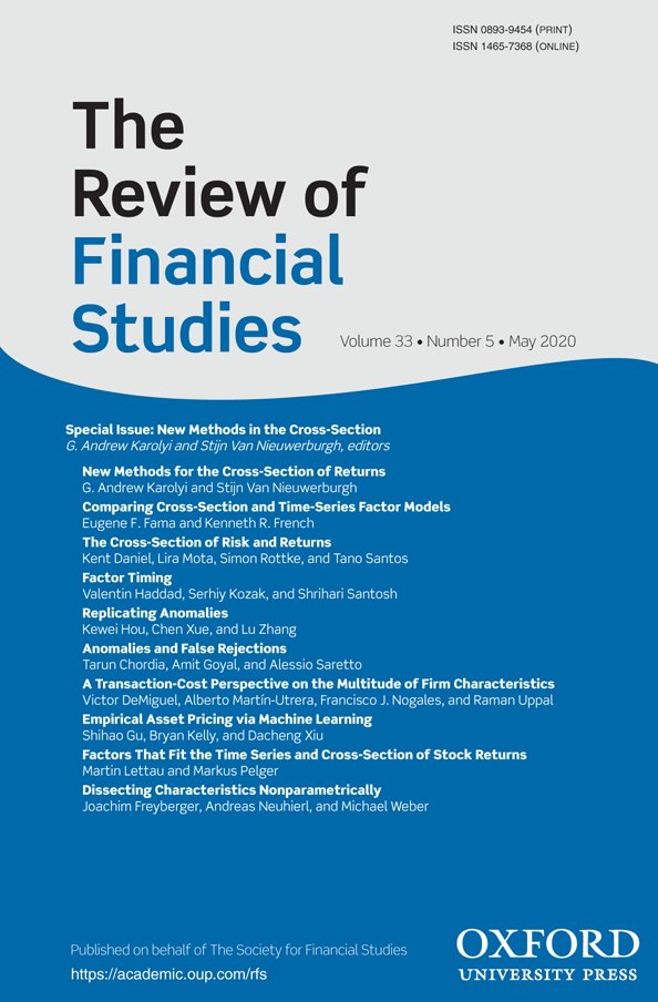 Society for Financial Studies (@sfsjournals) on Twitter photo RFS presents a special issue on New Methods in the Cross-Section, edited by G Andrew Karolyi <a href="/CornellMBA/">Cornell Johnson</a> and Stijn Van Nieuwerburgh <a href="/SVNieuwerburgh/">Stijn Van Nieuwerburgh</a> <a href="/Columbia_Biz/">Columbia Business School</a>, featuring an editor’s choice by Eugene Fama <a href="/ChicagoBooth/">Chicago Booth</a> and Kenneth French <a href="/TuckSchool/">Tuck School</a>
academic.oup.com/rfs/issue/33/5 RFS presents a special issue on New Methods in the Cross-Section, edited by G Andrew Karolyi <a href="/CornellMBA/">Cornell Johnson</a> and Stijn Van Nieuwerburgh <a href="/SVNieuwerburgh/">Stijn Van Nieuwerburgh</a> <a href="/Columbia_Biz/">Columbia Business School</a>, featuring an editor’s choice by Eugene Fama <a href="/ChicagoBooth/">Chicago Booth</a> and Kenneth French <a href="/TuckSchool/">Tuck School</a>
academic.oup.com/rfs/issue/33/5