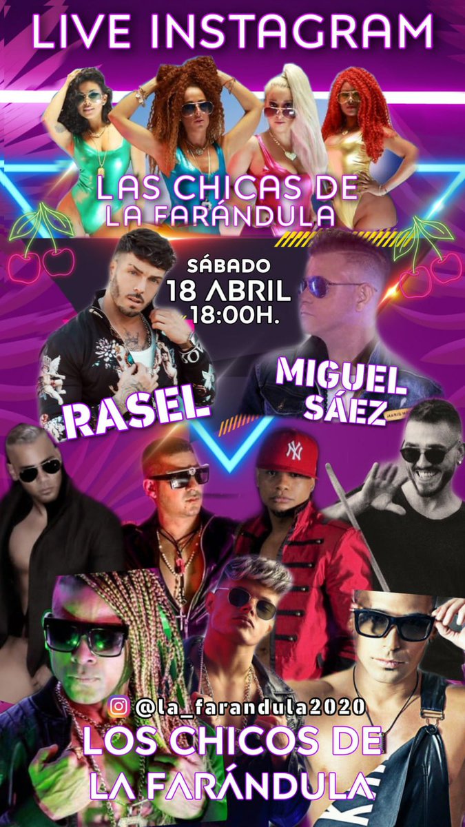 Os esperamos este sabado en <a href="/instagram/">Instagram</a>  de la mano de
la orquesta #farandula 
y estaremos como invitados
mi hermano <a href="/Raseloficial/">RaSeL</a>  y yo haciendo un temita