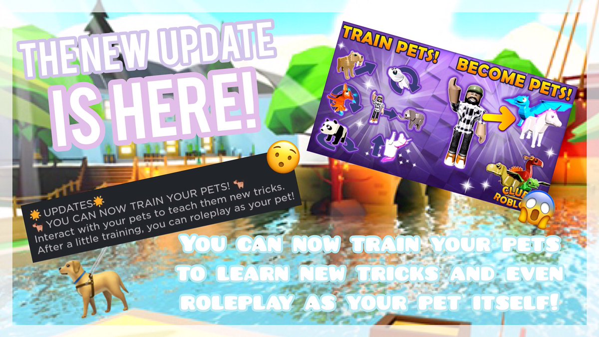 ClubRobloxNews's tweet photo. The New Update is Here! 🐘
You you can now train your pets new tricks such as, jump, spin and many more. With enough training, you can also transform into your own pet and roleplay as an animal!😱
Let us know what you think about the new update! https://t.co/PFImnD8jik