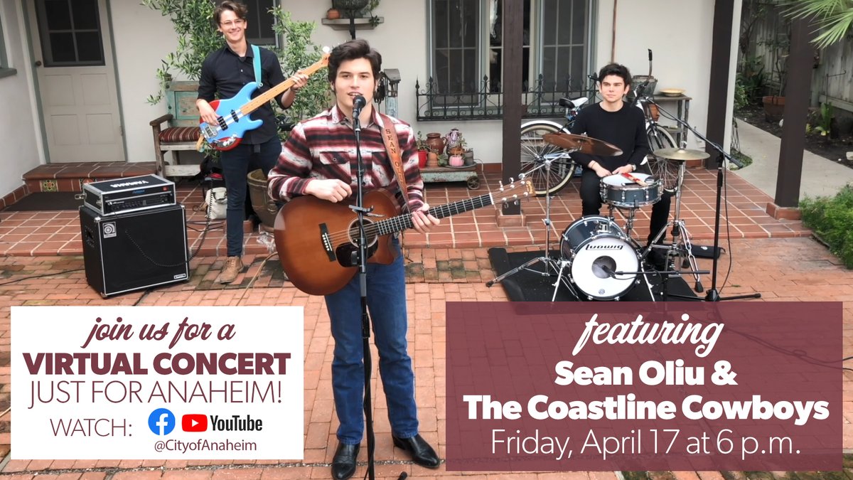 City_of_Anaheim's tweet photo. Got Friday night #stayhome plans? Now you do! Join us for #quarantunes with Anaheim's Sean Oliu &amp; The Coastline Cowboys tonight at 6 p.m.  via @YouTube at https://t.co/oSqPsGN1yT #covid19 https://t.co/tKwEHwjEP4