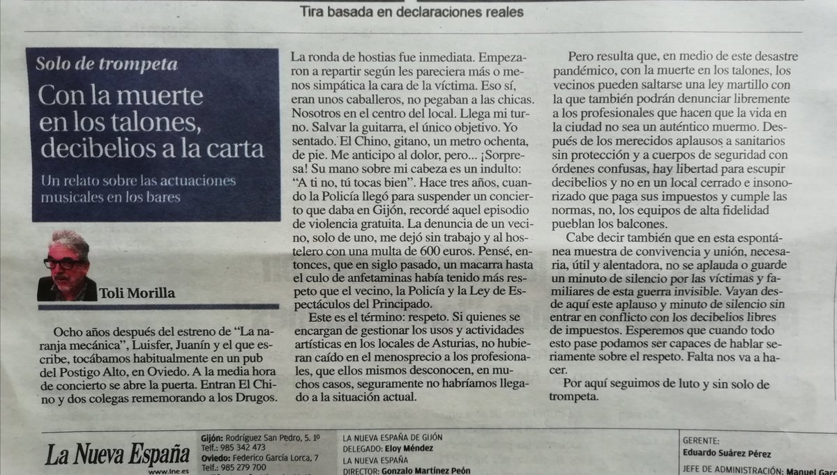 tolimorilla's tweet photo. LNE. Hoy. La lucha por recuperar las calles ha comenzado.
Yo no quiero hacer conciertos en mi salón, sí con el sudor y el ruido de la gente. https://t.co/Jh5jN34hcz