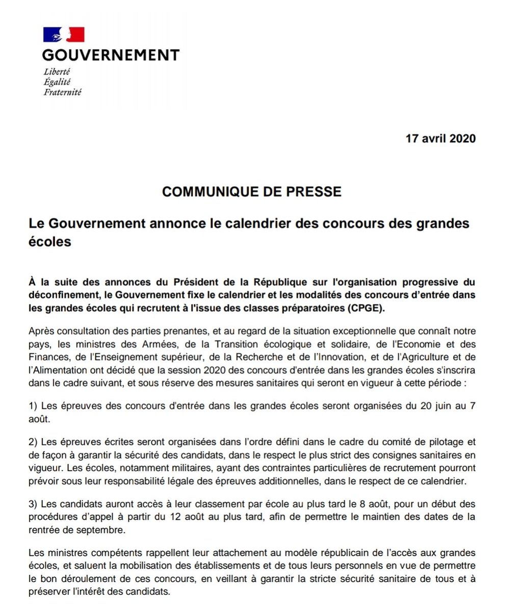 Les épreuves des concours d'entrée dans les grandes écoles auront lieu du 20/06 au 7/08 dans le respect des consignes sanitaires. Je salue la mobilisation des établissements et des personnels pour permettre leur bon déroulement en préservant la sécurité et l'intérêt des candidats