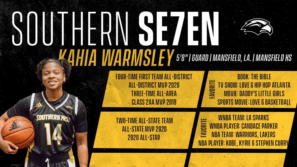 SouthernMissWBB's tweet photo. What’s up? It’s #FunFactFriday and today we’re talking Kahia Warmsley! Get to know this member of the #SouthernSe7en! #WingTeam #SMTTT 🦅 https://t.co/RzSkGKo8Vn