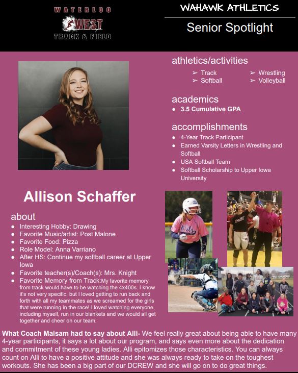 WahawkGirlsTF's tweet photo. Senior Recognition #5
Alli Schaffer #classof2020 https://t.co/kFSMLjbfsf