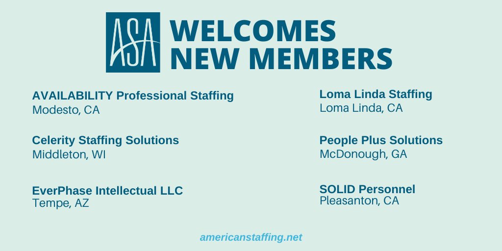 StaffingTweets's tweet photo. Welcome! Please let us know if you have questions about how to best take advantage of your new ASA membership
@availabilityca @celeritystaff EverPhase Intellectual LLC @LLStaffingLLC @capri_barnette (People Plus Solutions) SOLID Personnel https://t.co/idLH97hpVh #MyASA #Staffing https://t.co/jXkwR1fRif