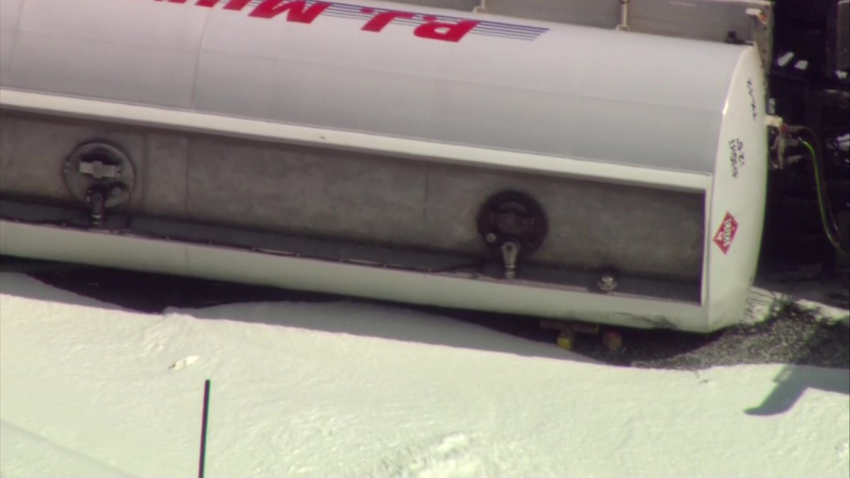Sky 5 over a tanker truck rollover crash in #Revere. Fuel is leaking ...