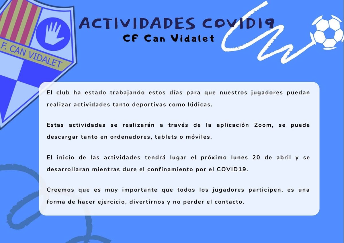 cfcanvidalet's tweet photo. Próximas actividades @cfcanvidalet Covid19 https://t.co/Q6UN76R9xV