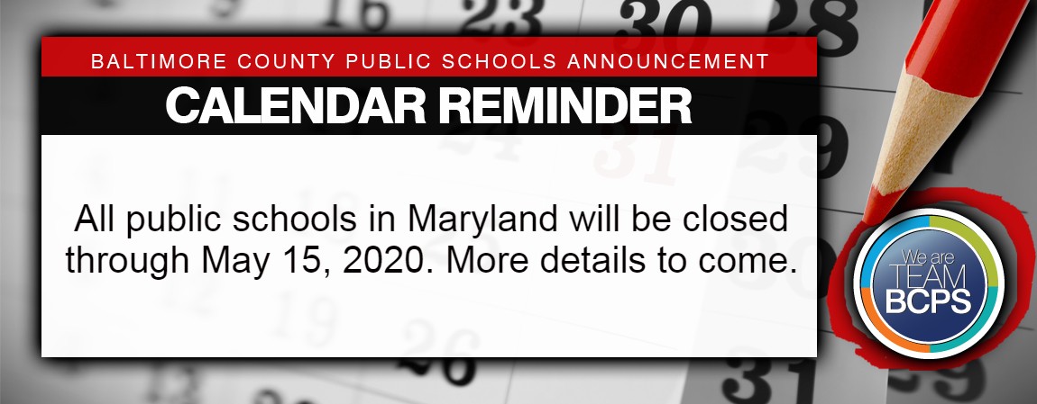 State Superintendent Dr. Karen Salmon just announced that all public schools in Maryland will be closed through May 15, 2020. BCPS will continue providing continuity of education in the meantime. More details to follow soon.