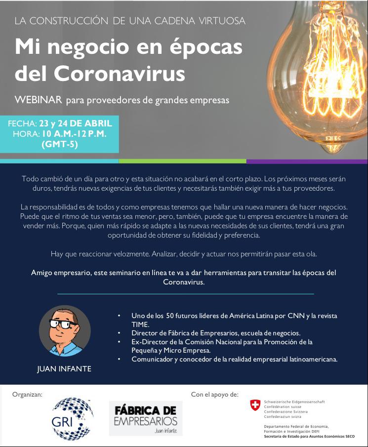 SECO_Peru's tweet photo. Comparto este interesante #Webinar: Mi negocio en épocas del #Covid19, organizado por @GRI_Secretariat para buscar soluciones empresariales para la #PYME 🇵🇪
📆 23 y 24 abril ⏰10am-12 pm(GMT-5)
✍ https://t.co/xNq188hOO0
#respuestaCovid19 #FabricaDeEmpresarios @EmbSuizaPer https://t.co/jSBdBC4iDO