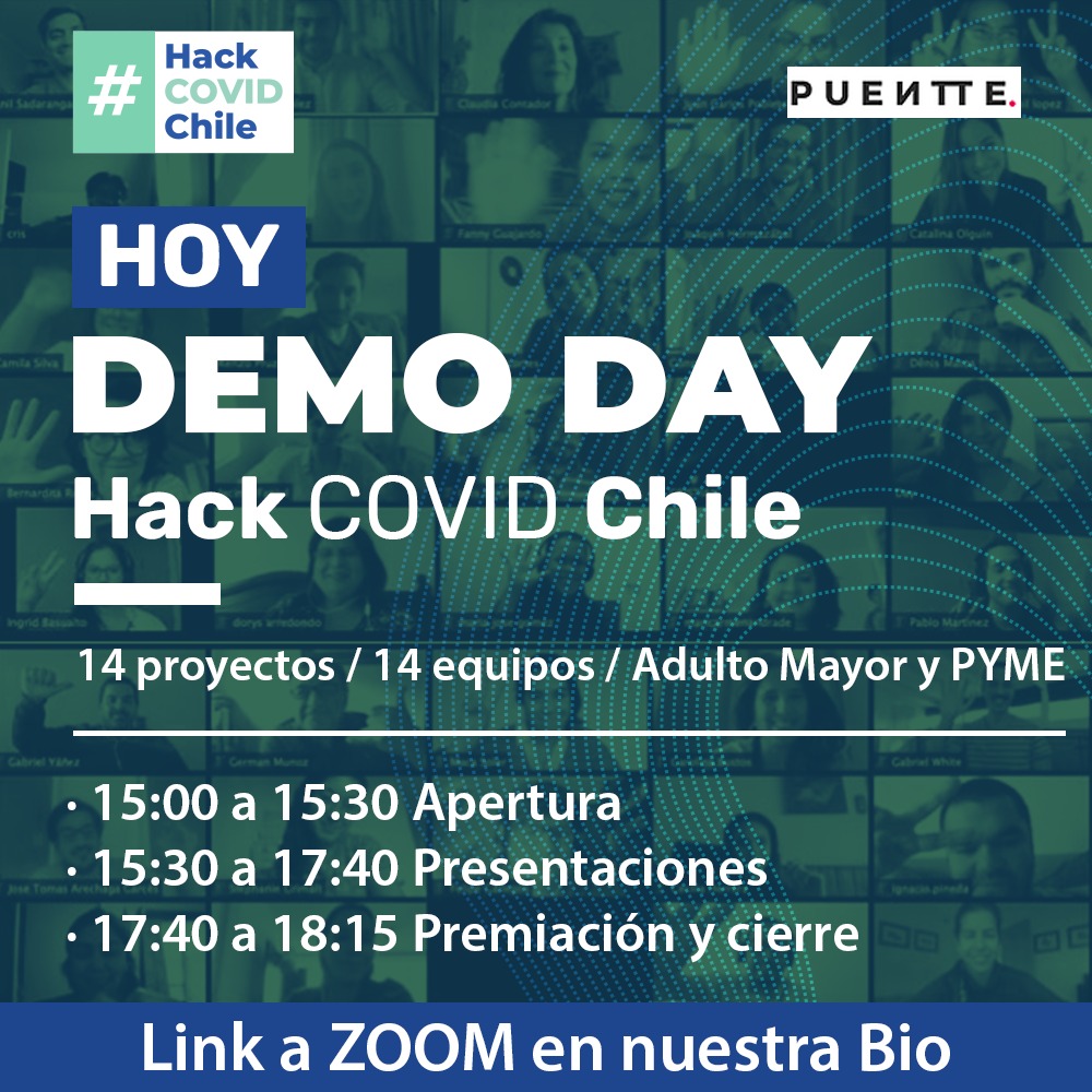 HOY 3PM: Participantes de #HackCovidChile presentan soluciones en ayuda a Pymes y Adultos Mayores durante #Covid19Chile. No te lo pierdas!! 
Bienvenida 3PM &amp; Premiación 5:40 lnkd.in/eFZfwMP
Pitch 3:30
Sala Adulto M lnkd.in/ebtgxqE
Sala PYME lnkd.in/enxXat4