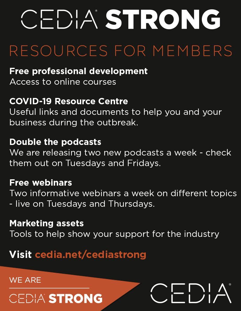CEDIA are here for you. That's why we're providing free online courses and resources for our members at this time. buff.ly/2XGppEA  #CEDIASTRONG
