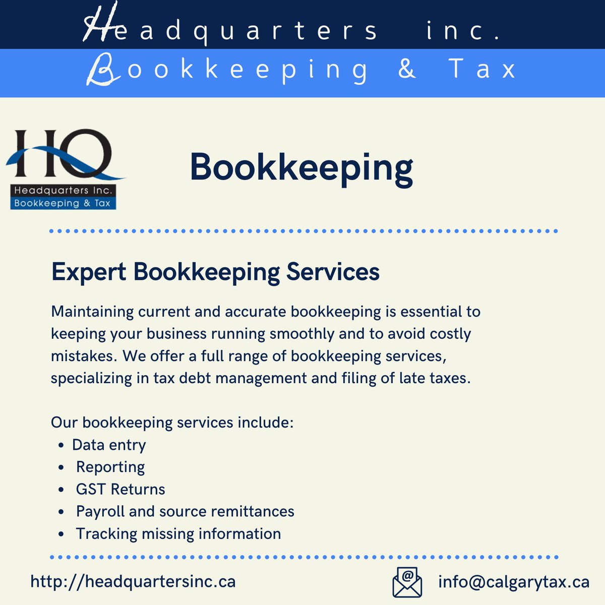 headquartersbo2's tweet photo. At Headquarters, we are the Bookkeeping specialists. Getting the books in order is what we do. Call us today to find out how we can help you to ensure your business is on the right track.
 
#Bookkeeping #calgarytaxaccountant #calgaryaccountant #yycsmallbusiness #yyclocal https://t.co/KrBPfyZi3I