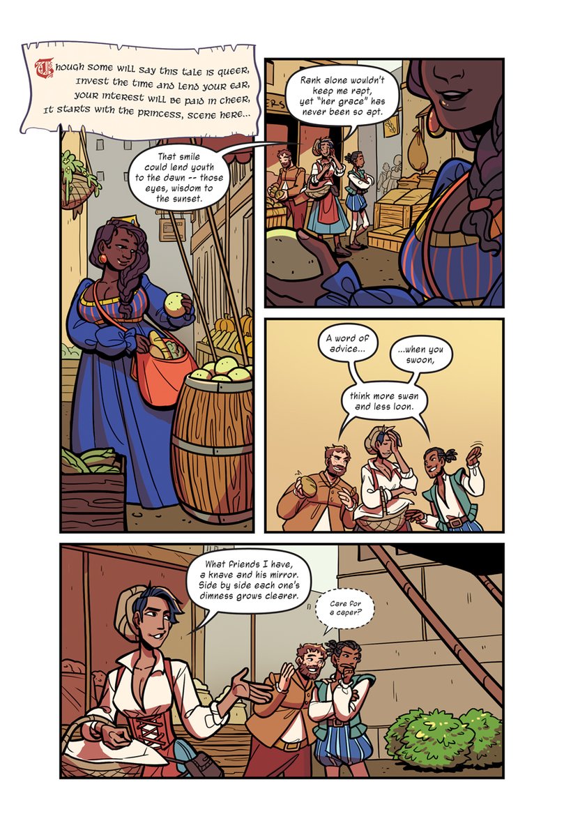 EdwardComics's tweet image. And here's the full comic! It's a queer shakespearean(ish) rom com in 4 pages, co-created with @elefluff and lettered by @RachelOrdwayArt

More mini-comics at EdwardComics.com