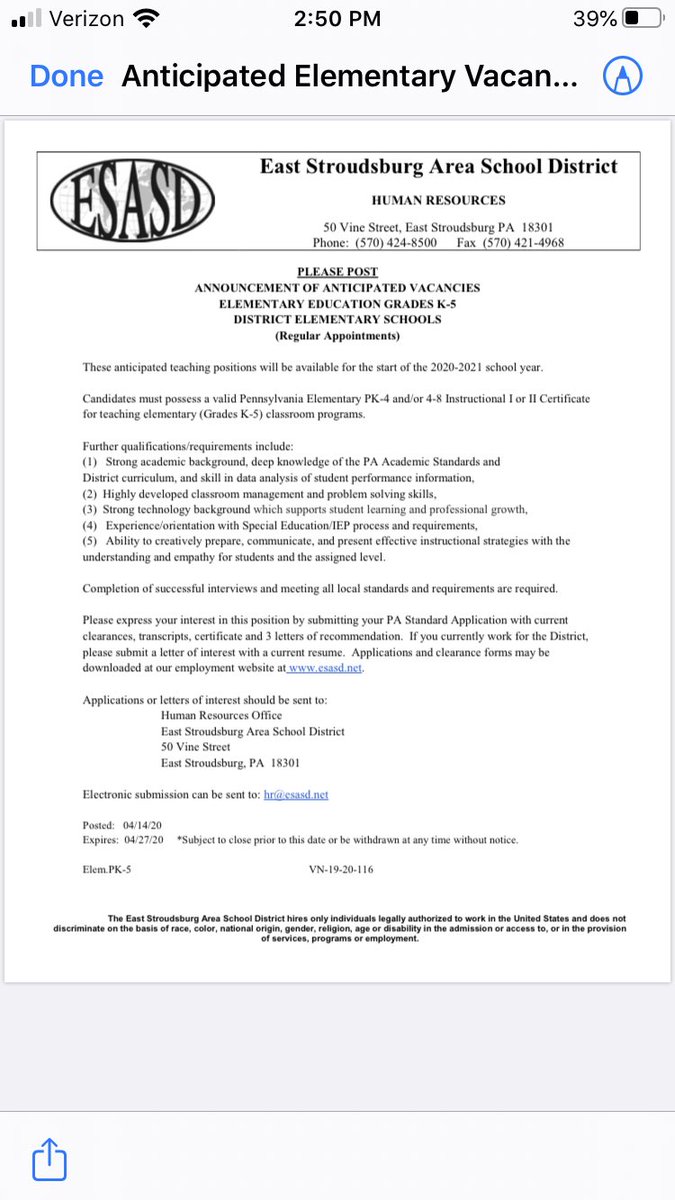 ESASD Elementary Vacancy