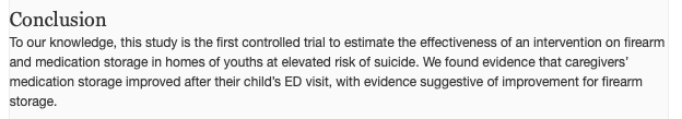 AliRaja_MD's tweet photo. Changes in #FirearmStorage & #MedicationStorage Practices in Homes w/ #YouthSuicideRisk: Results of #SAFETYStudy, a Clustered, #EmergencyDepartment–Based, Multisite, Stepped-Wedge Trial
Matthew Miller et al.
@Northeastern @HarvardChanSPH
https://t.co/G9r0ZgAZ9N
@AnnalsofEM https://t.co/UPiVnfnfjK