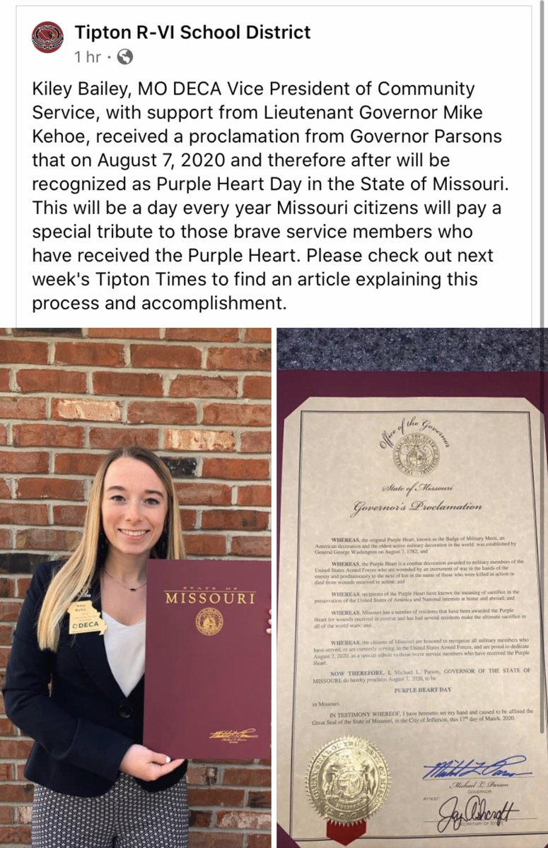 MissouriDECA's tweet photo. Purple Heart Day - thank you Kiley https://t.co/A85axANG7I