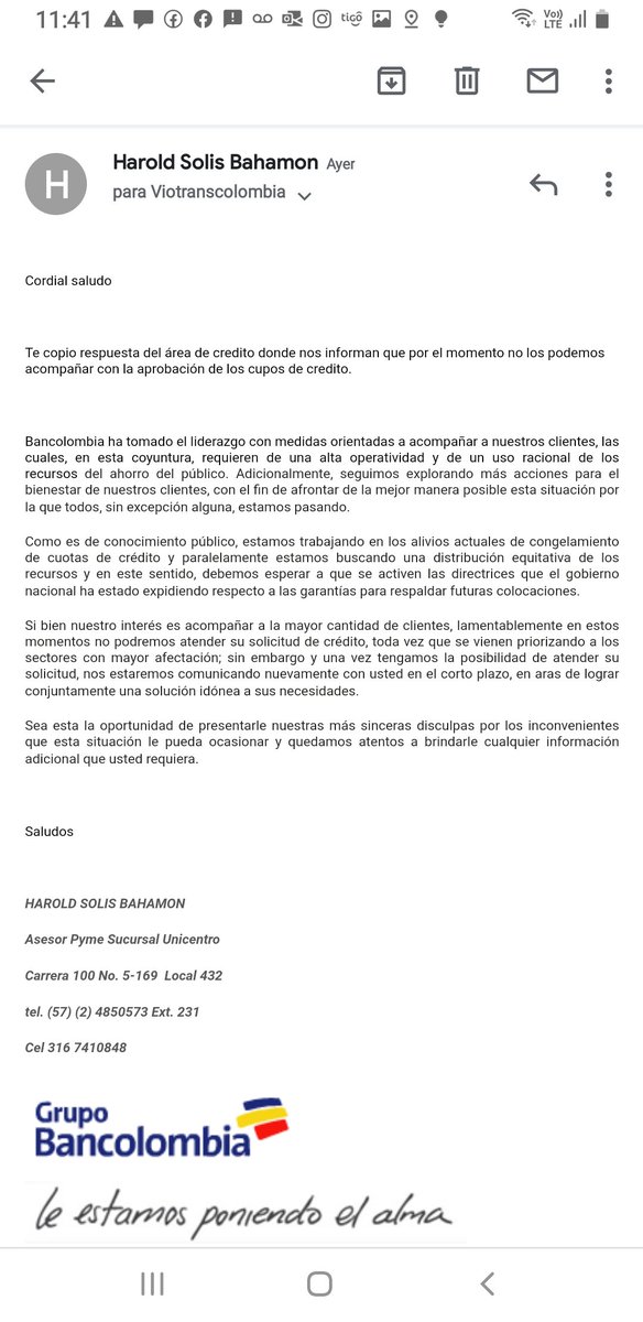 Viotranscol1's tweet photo. @AABenedetti @MinHacienda Somos una empresa de transporte de carga HABILITADA por el ministerio tenemos 10 empleados y pedimos ayuda del banco y no es posible obtener la ayuda... esta es la respuesta estamos solos en esto. https://t.co/8FdMNdZfOs