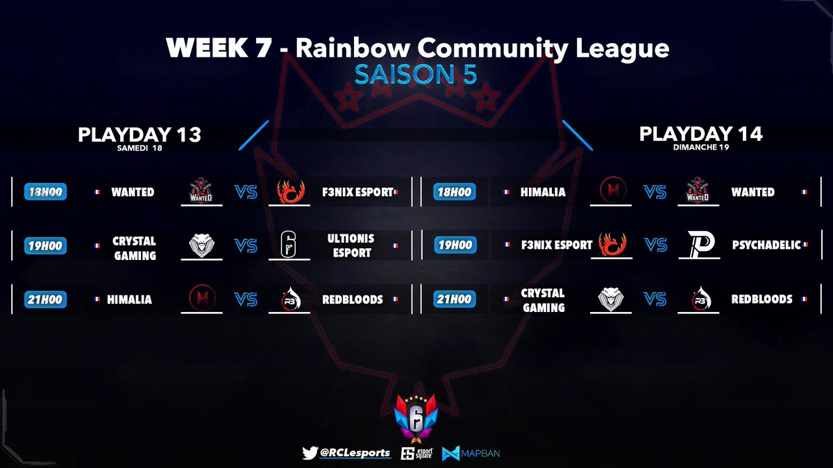 RCCorporationFR's tweet photo. Le retour de la compétition !
📣 #PLANNING
📌 #RCLS5
Découvre le planning du Week7 !
📅 #SAMEDI
⏰18H : @WanteD_TeamFR 🆚 @F3nixEsport
⏰19H : @crystalgaming8 🆚 #ULTIONIS
⏰21H : @HimaliaGaming 🆚 @TeamRedBloods
💪 PARTENAIRES : @esportsquare @MapbanGG
🍀GL à tous ! https://t.co/j12DLUmrcE