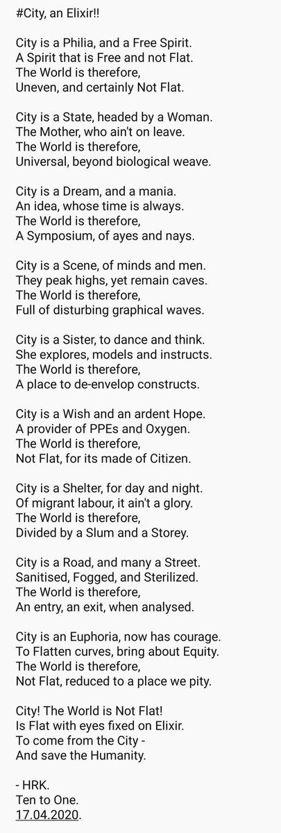 hephsyyy's tweet photo. #City! The World is Not Flat!
Is Flat with eyes fixed on Elixir,
To come from the City -
And save the Humanity.
#HRK
17.04.2020
#HopeInTimesofCOVID19 #WomenandCities #GenderandSpace #UNWomen #BBMPfightsCOVID19 #StayHome #IASAssociation #IASatWork #SmartCitiesMission #Bengaluru https://t.co/qBPcL4N6X6