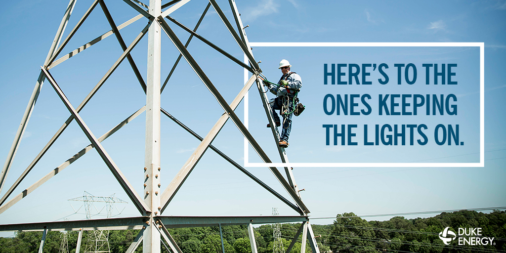 DukeEnergy's tweet photo. National Lineman Appreciation Day is April 18.  Join us this Saturday to help thank our lineworkers and other front line responders by turning on your front lights at 9 p.m. #thankalineman https://t.co/sznIA0FhbQ https://t.co/n7hw6yBoyG