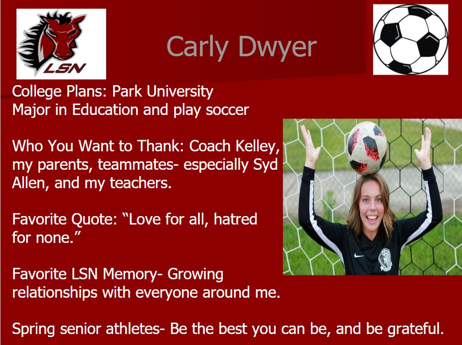 LSNActivities's tweet photo. Friday's Spring Sport Senior Spotlight is Carly Dwyer! @LSNBroncoSoccer https://t.co/L3jOY6OXZw