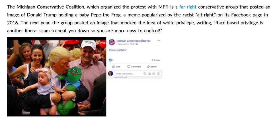 The other group that helped organize the protest is very extreme. It posted alt-right memes and called the idea of white privilege a scam on Facebook.  https://www.exposedbycmd.org/2020/04/17/devos-funded-group-organizes-protest-against-michigan-governors-stay-home-order/