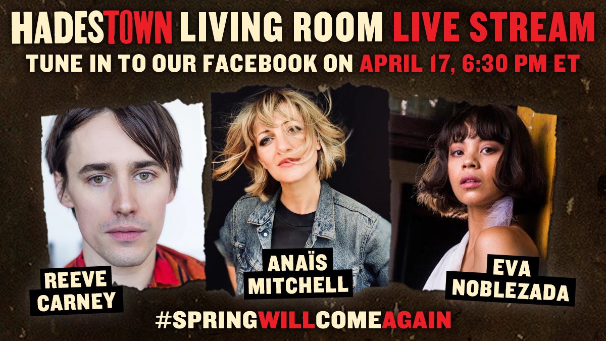 hadestown's tweet photo. In celebration of our one year anniversary on Broadway, grab your flowers and tune in tonight at 6:30 ET for a LIVE living room concert with @AnaisMitchell, @ReeveCarney, and @EvaNoblezada. #SpringWillComeAgain https://t.co/u1oPwdTK6l
