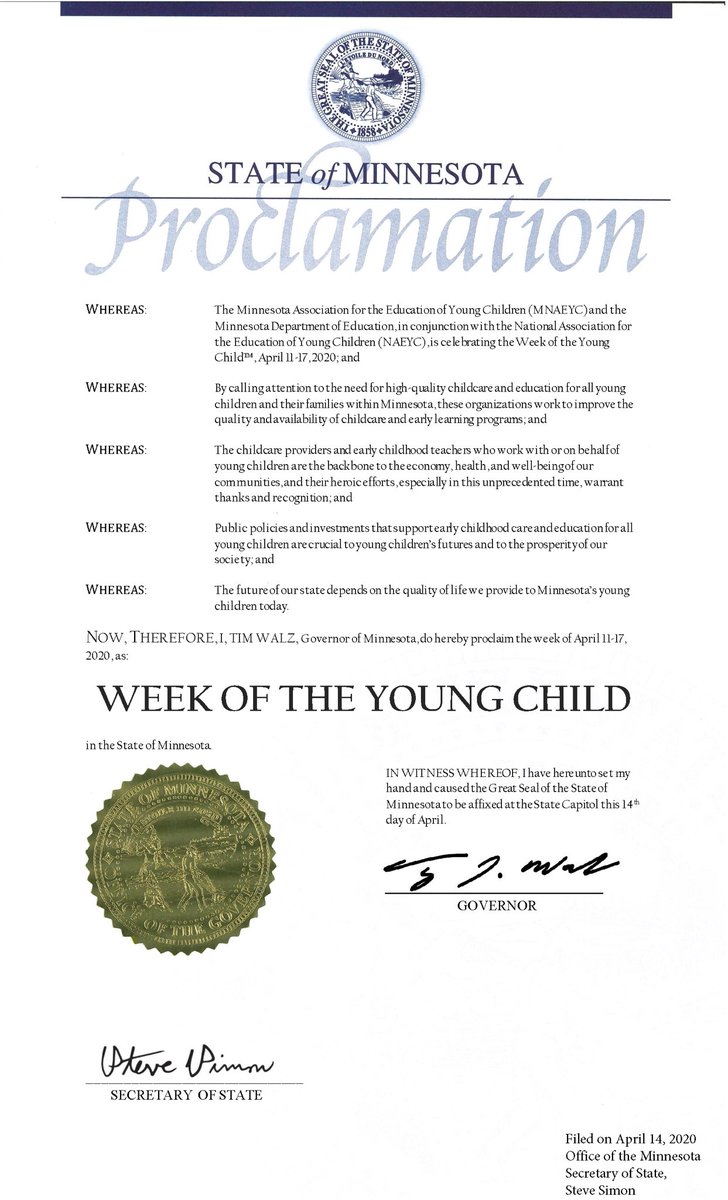 GovTimWalz's tweet photo. πIβm proud to officially proclaim April 11-17 to be the Week of the Young Child in Minnesota, in honor of the child care providers supporting our first responders. Let's recognize their heroic efforts, especially during this unprecedented time β€οΈ π¨βπ§βπ¦#StayHomeMN https://t.co/UmZk0SBCKH