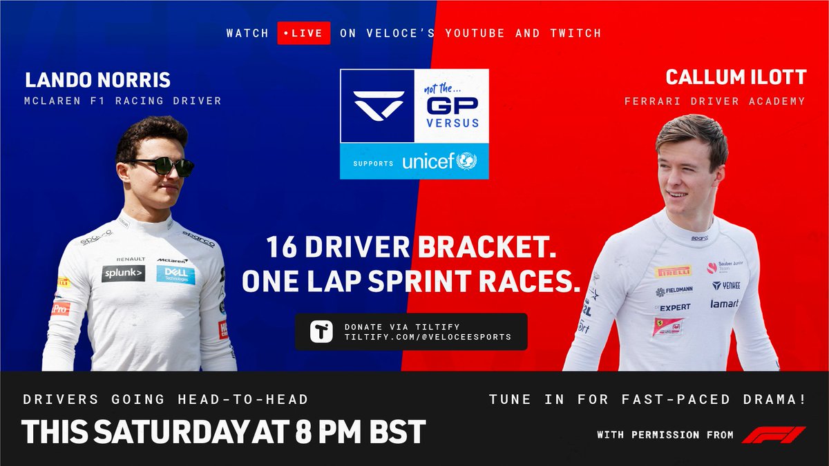VeloceEsports's tweet photo. ๐The first drop of Saturdays head-to-head races๐
Who do you think will win each race?
๐Polls in comments!
โฐ8 pm BST this SATURDAYโฐ
๐โ#NottheGP Versusโ supports @UNICEF
๐Donate: https://t.co/MZi82sfmPR
๐Watch: https://t.co/8qnGobUc3w https://t.co/4hzO8JwPZs