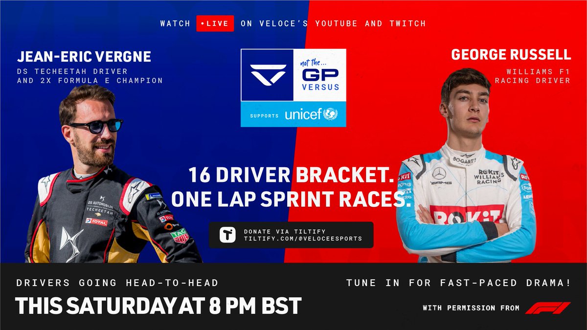 VeloceEsports's tweet photo. ๐The first drop of Saturdays head-to-head races๐
Who do you think will win each race?
๐Polls in comments!
โฐ8 pm BST this SATURDAYโฐ
๐โ#NottheGP Versusโ supports @UNICEF
๐Donate: https://t.co/MZi82sfmPR
๐Watch: https://t.co/8qnGobUc3w https://t.co/4hzO8JwPZs