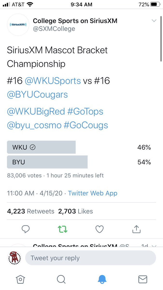 BarstoolWestern's tweet photo. In the first 22 hours of this Twitter Poll, there were 69,000 votes. In the matter of 1 hour at 8:30-9:30 in the morning, an additional 14,000 votes were cast, 100% of which were for BYU (and not 50%, as it has been the prior 22 hours). Disqualify them now @SXMCollege https://t.co/qBfDI3culf