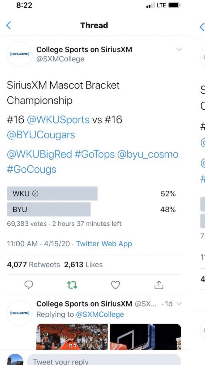 BarstoolWestern's tweet photo. In the first 22 hours of this Twitter Poll, there were 69,000 votes. In the matter of 1 hour at 8:30-9:30 in the morning, an additional 14,000 votes were cast, 100% of which were for BYU (and not 50%, as it has been the prior 22 hours). Disqualify them now @SXMCollege https://t.co/qBfDI3culf