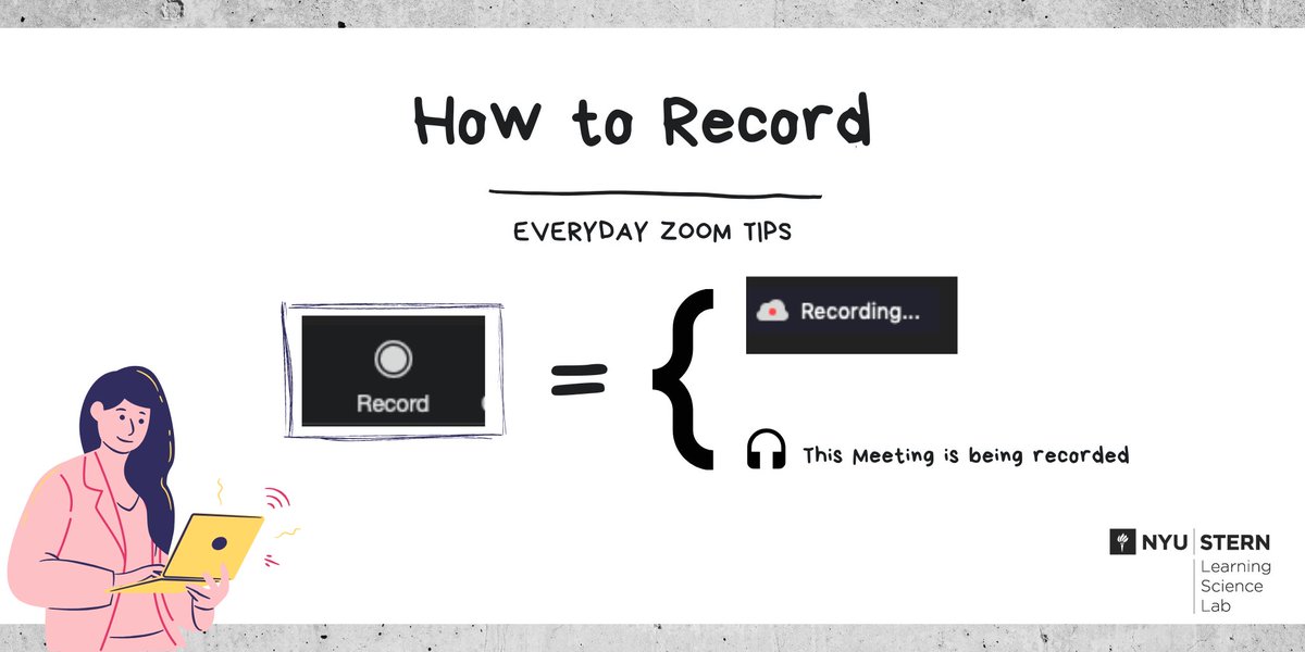 How to Record your Zoom Class.

Start your meeting from NYU Classes, and click on the Record button on your toolbar. 

How do you know the meeting is being recorded?
1. You will hear a notification
2. You will see a red recording icon on the top left

#nyustern #zoomtips