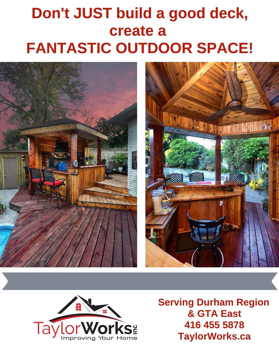 TaylorWorksInc1's tweet image. An outstanding project we completed a while back was this Tiki Hut, with all the 'creature comforts' needed to stay outside longer and enjoy long days and nights in the backyard.

Call TaylorWorks Inc. at 416 455 5878 to start planning!

#deckbuilding #deckplanning #carpentry