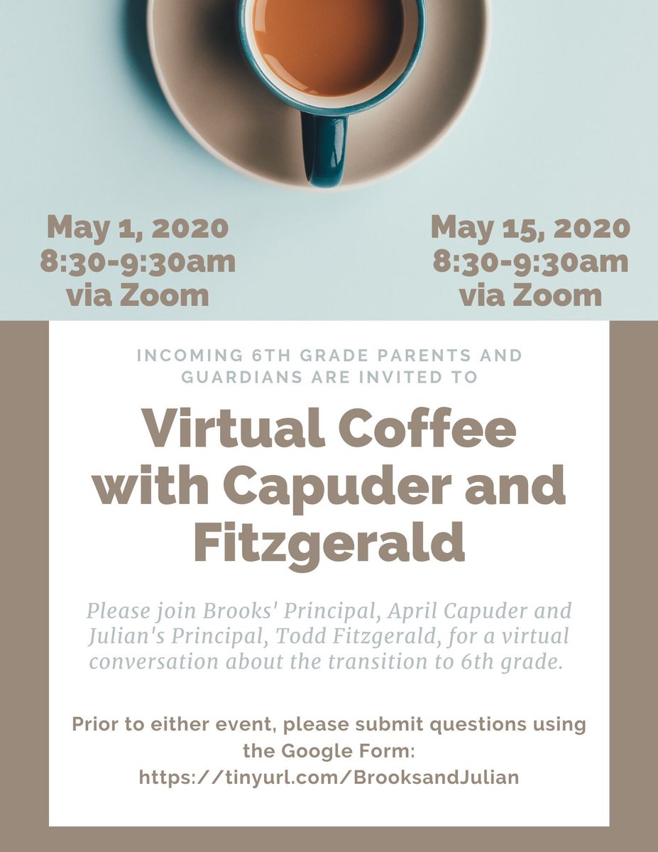 Incoming 6th Grade Parents, you are invited to a conversation about the transition to middle school! Zoom link information will be sent to your emails to maintain security. Hope you can join us! #weared97 #bebrooks97 <a href="/brooks_pto/">Gwendolyn Brooks Middle School PTO Oak Park</a> <a href="/brooksOP97/">Brooks Middle School</a> <a href="/OakPark97/">Oak Park District 97</a>