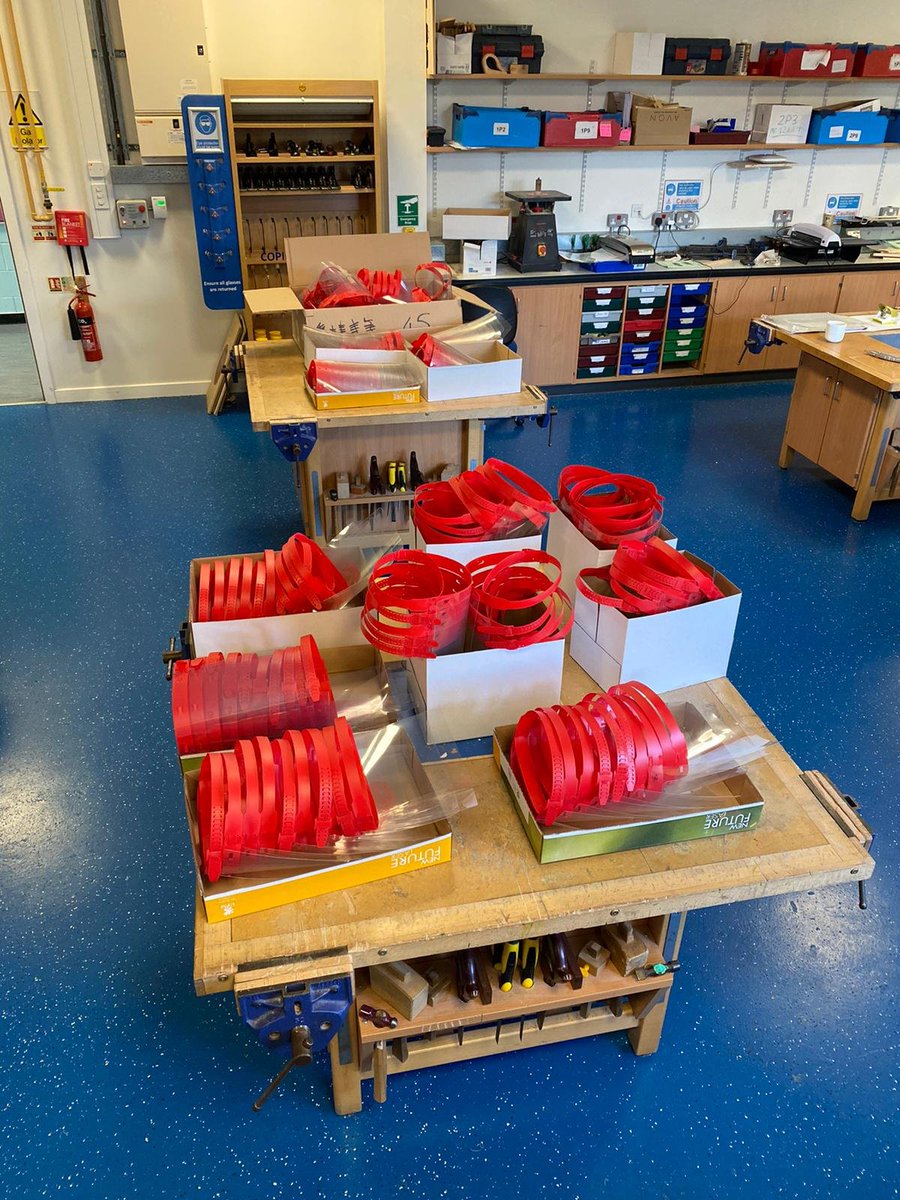 BishopbriggsAC's tweet photo. Amazing work from Mr Moore &amp; the Des Tech team in producing 400 visors for the emergency services! More materials on order and we'll be increasing our efforts next week. A Go Fund Me page will be launched to allow anyone wishing to  make a donation to this fantastic initiative. https://t.co/FZtFp7jHhI