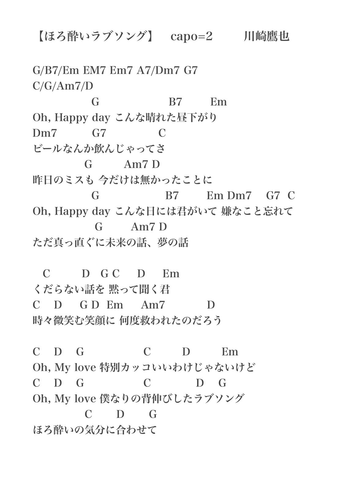 川崎鷹也 ギターかき鳴らしてる諸君 この機会にギターを始めてる諸君 これからギターを弾いてみたい勇者よ することも無くなってきたであろう ほろ酔いラブソング でも弾いてみるといい 楽しくなれるぞ 分からないことは聞きたまえ