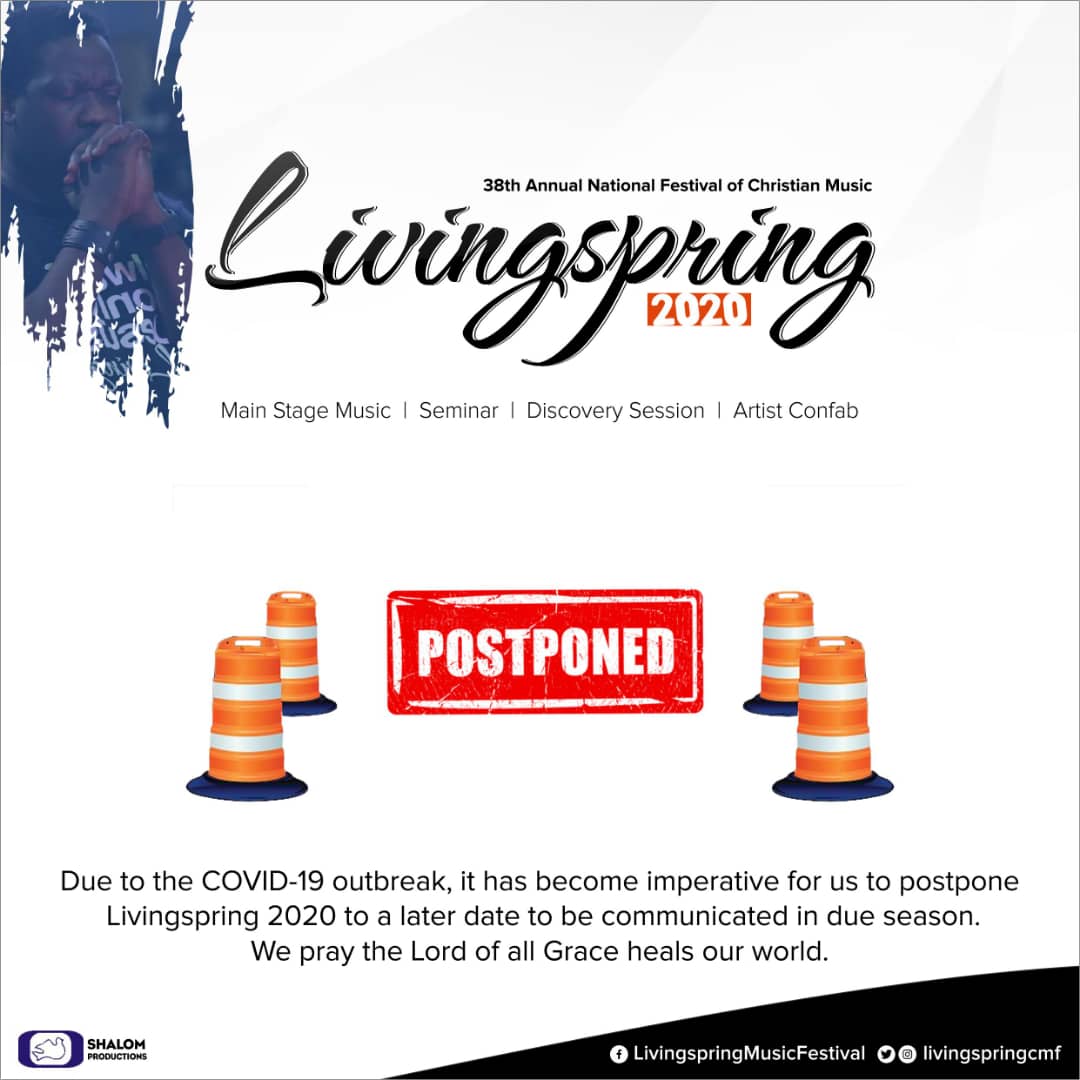 LivingspringCMF's tweet photo. PUBLIC SERVICE ANNOUNCEMENT :
The highly anticipated 38th Annual National Festival of Christian Music,Livingspring 2020, has been postponed due to the Covid-19 pandemic.We know the Lord is with us,  because he promised never to leave nor forsake us. #LivingspringCMF #Livingspring https://t.co/EzBK9ApNxR