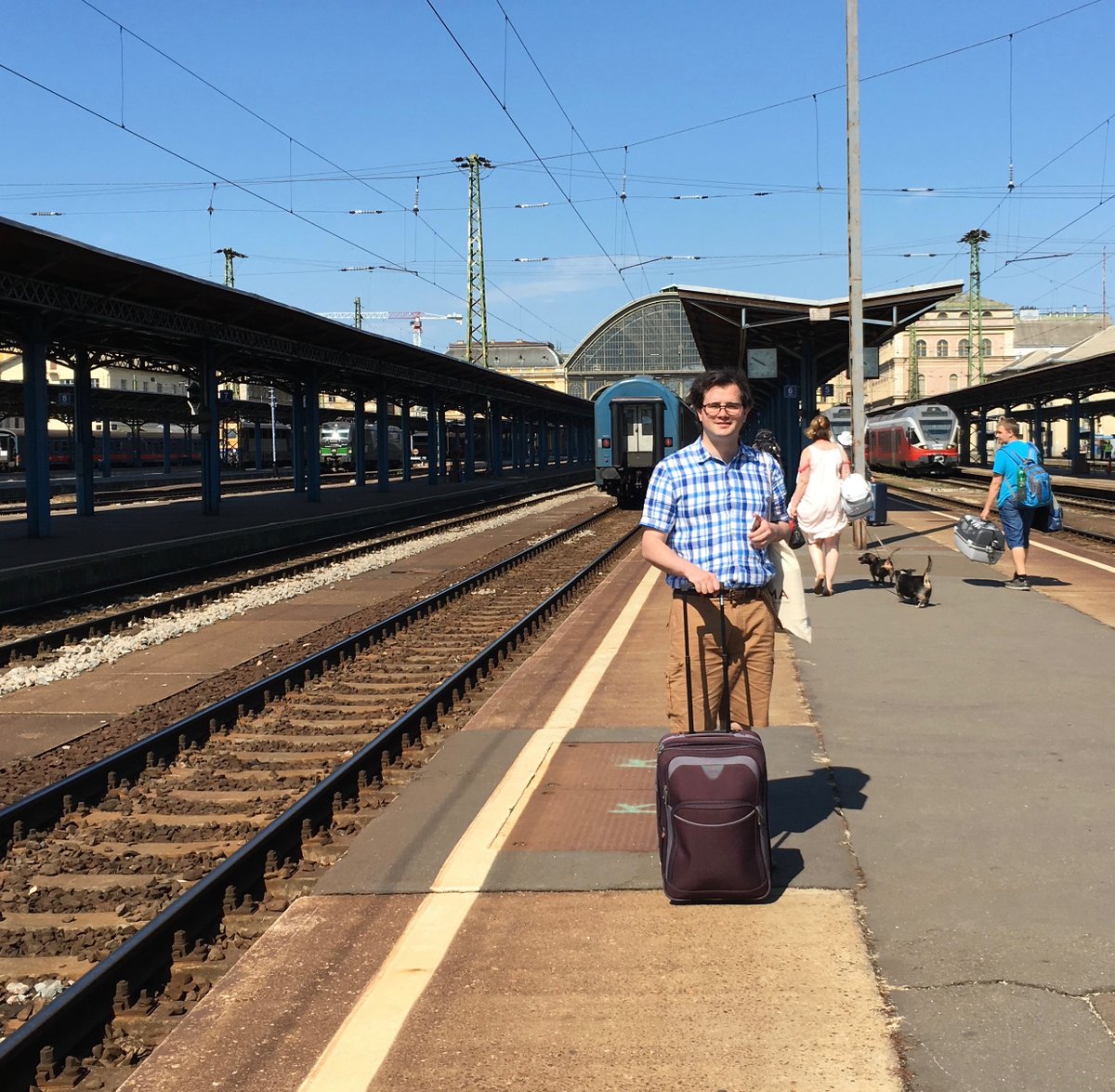 9:50, and here we are, arrived at Keleti Station in Budapest. As you can guess from this photo of  @frjonathanbish in holiday mode, it was already very hot, and the walk to the hotel with the cases was a bit unpleasant. But the hotel let us shower and change before we headed out.