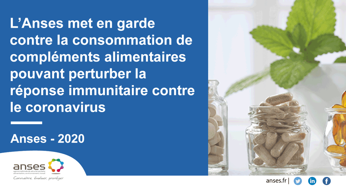 Anses_fr's tweet photo. #COVID19 - ⚠Certaines plantes contenues dans des #ComplémentsAlimentaires💊 présentent des effets contre-productifs dans la défense contre le #coronavirus.
L’@Anses_fr met en garde contre la consommation de ces compléments alimentaires.
➡ https://t.co/tKRrYtS2uD https://t.co/S9dIqS1zxR