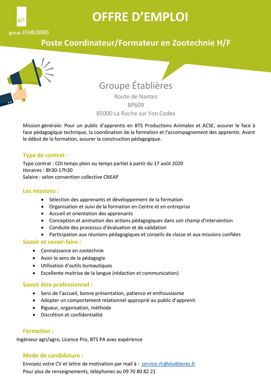 Etablieres's tweet photo. 📣📣📣[Le Groupe @Etablieres  #recrute!] 
#LAROCHESURYON
👉Pour l' Association Ecole, un formateur/coordinateur #zootechnie

Cette offre vous intéresse, contactez service.rh@etablieres.fr
ou @BRIZARD20 
Et surtout partagez svp🙏 
#recrutement 
#offredemploi https://t.co/TsmnQqprty